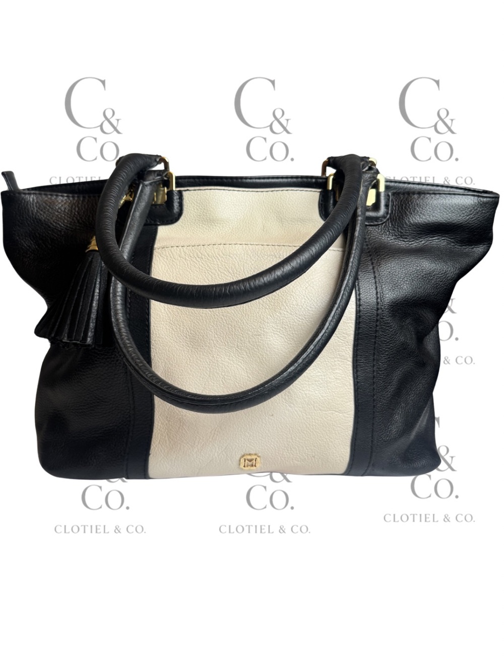 Monet Genuine Leather Black Cream Colorblock Tote Shoulder Bag Gold Tassel